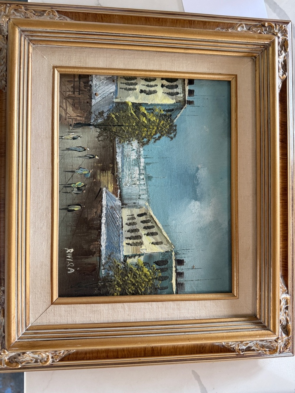 Framed Blue and Cream Cityscape Oil Painting - Unbranded. 8x10. Mexico